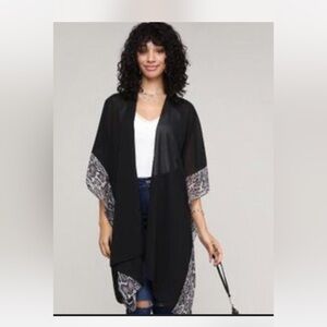 black chiffon kimono cardigan with a snakeskin or animal print trim